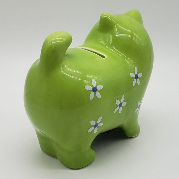Lime Green Cat Shaped Applied White Blue Flowers Ceramic Piggy Bank with Stopper - Picture 9 of 13